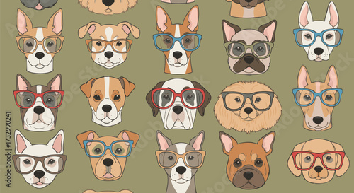 A vector illustration of multiple dog heads wearing eyeglasses. This pattern is a creative design with a playful and quirky vibe