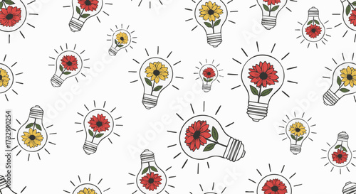Seamless pattern of illustrated light bulbs, each containing vibrant red and yellow flowers