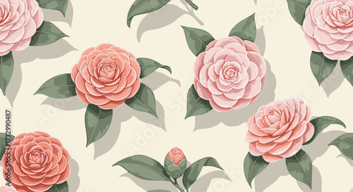 Pink camellia flowers seamless pattern. Floral design features stylized camellias and leaves against a cream background