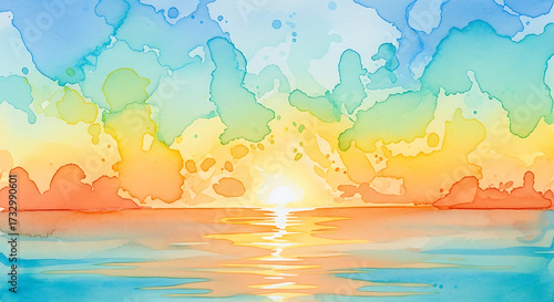 Watercolor Sunset Over Calm Water Abstract Landscape Background blue bright