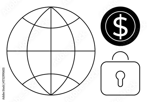 Globe, dollar sign, and lock representing global business, finance, and security. Ideal for economy, globalization, technology fintech investment safety and cyber protection. Simple flat metaphor
