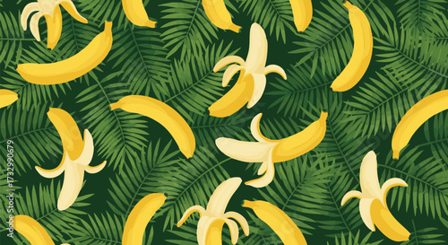 Vibrant pattern featuring yellow bananas and tropical palm leaves for a lively, summery feel