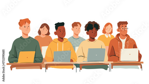 Diverse Students Working with Laptops in Classroom - Vector Illustration