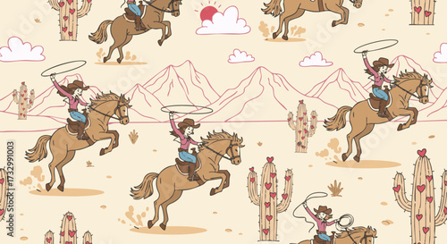 Seamless pattern featuring cute, joyful cowgirls lassoing on horseback across a stylized desert landscape with heart-decorated cacti and pink mountains