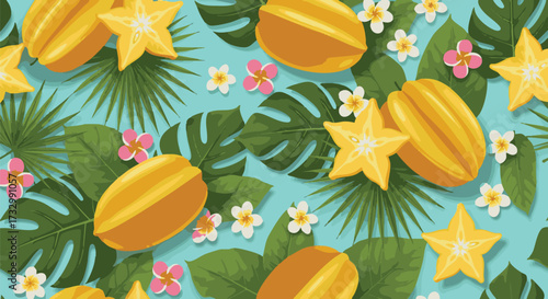 Tropical vector pattern with starfruit, frangipani flowers, and monstera leaves on a light green background