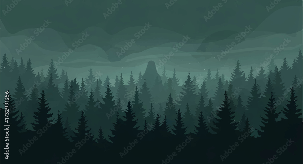 Fototapeta premium Pine trees stand in dark forest during foggy weather