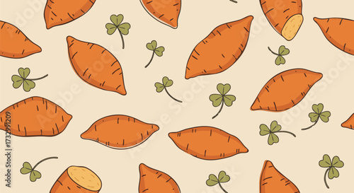 Seamless pattern featuring cute cartoon hand-drawn sweet potatoes and green shamrocks on a light background