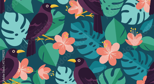 Vibrant flat design seamless pattern featuring stylized dark purple tropical birds, pink hibiscus flowers, and lush green monstera leaves against a deep teal background