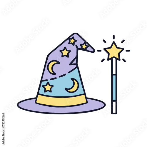 Wizard Hat and Magic Wand Symbolizing Magical Fantasy

