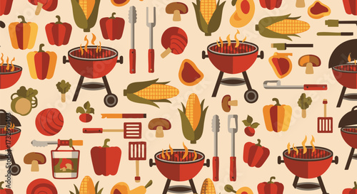A vibrant seamless pattern featuring flat design illustrations of red charcoal grills, corn, bell peppers, mushrooms, and grilling tools