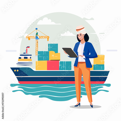 A professional woman oversees global shipping logistics with a tablet aboard a cargo ship. Modern illustration, vibrant colors, and a dynamic composition convey efficiency and connectivity.