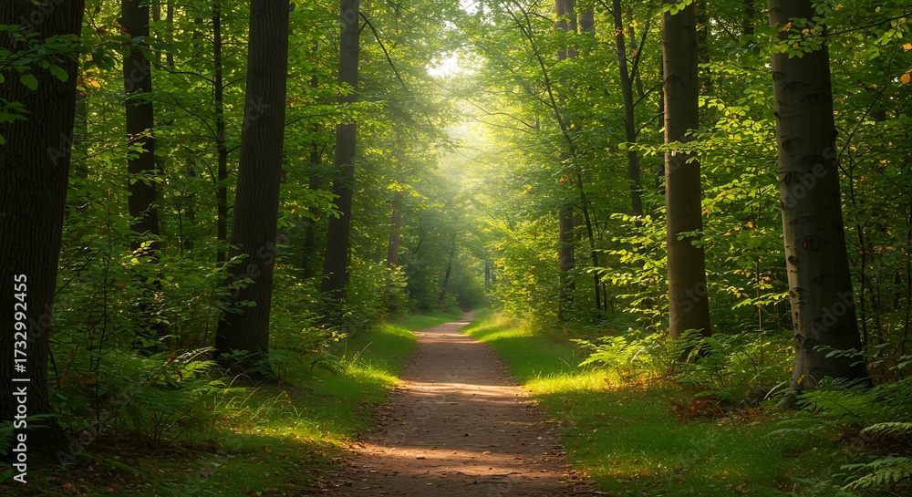 Obraz premium Pathway through lush forest with sunlight filtering through trees