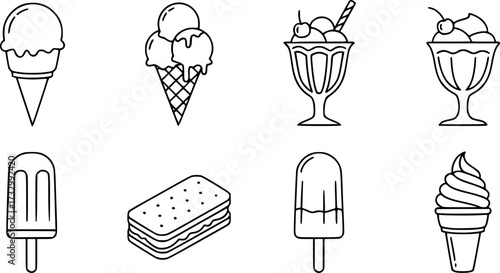 Set of simple ice cream line icons.