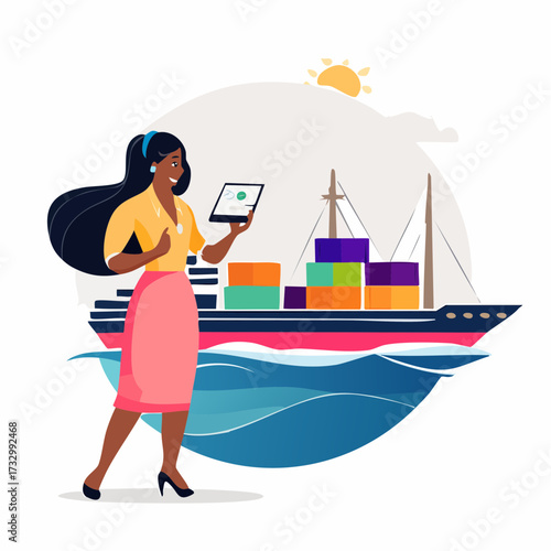 A professional woman oversees global shipping logistics with a tablet aboard a cargo ship. Modern illustration, vibrant colors, and a dynamic composition convey efficiency and connectivity.