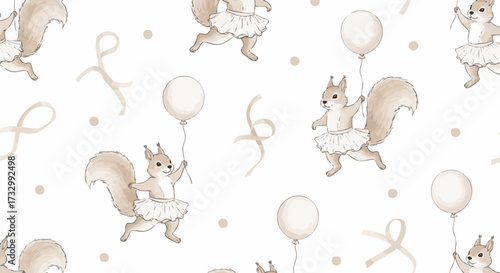 Cute seamless pattern featuring watercolor squirrels dressed in white tutus and holding balloons against a white background