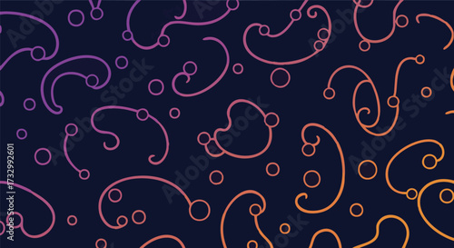 Abstract dark background with seamless pattern of flowing organic lines and circles in vibrant purple to orange gradient