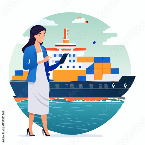 A professional woman oversees global shipping logistics with a tablet aboard a cargo ship. Modern illustration, vibrant colors, and a dynamic composition convey efficiency and connectivity.
