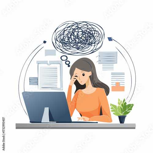 A woman sits at her computer, overwhelmed by tangled thoughts. A modern workspace reflects a stressed mind. Illustrative style.