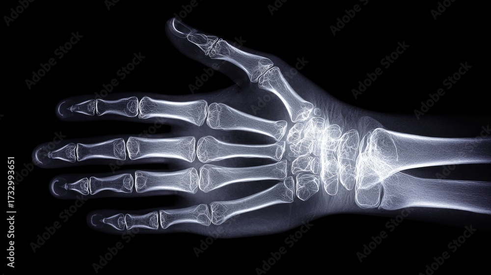Naklejka premium Human Hand X-Ray – High-Resolution Radiology Image of Bones and Joints Isolated on Black Background