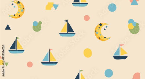 A cheerful seamless vector pattern featuring colorful sailboats, crescent moons with stars, and playful geometric shapes on a light background