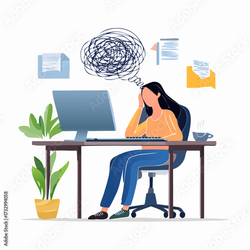 A woman sits at her computer, overwhelmed by tangled thoughts. A modern workspace reflects a stressed mind. Illustrative style.