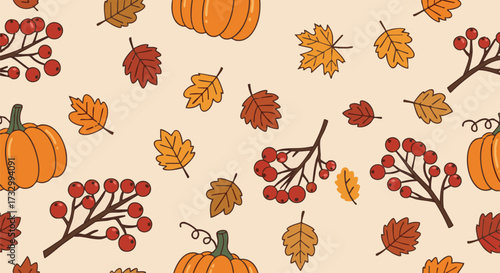 A cheerful, seamless pattern featuring cartoon-style pumpkins, autumn leaves, and red berries on a light beige background