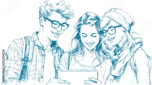 Smiling College Students Sharing Tablet in Happy Moment