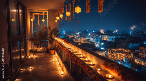 Diwali festival celebration lights candles lanterns india hinduism balcony cityscape night