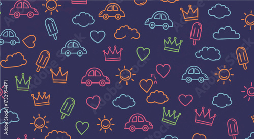 Seamless pattern with cute doodle drawings for kids