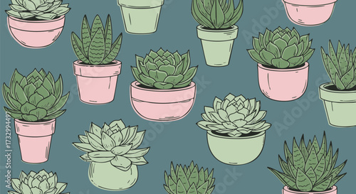 Seamless pattern featuring hand-drawn succulent plants in pots, against a teal background
