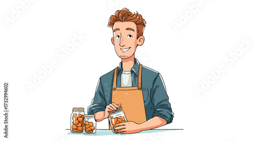 Smiling Young Entrepreneur Filling Food in Glass Jar Professionally