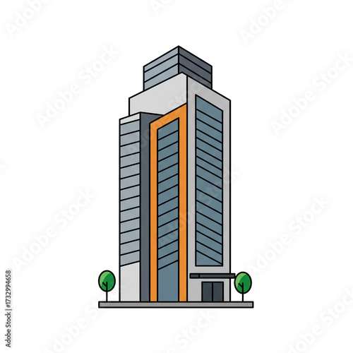 Flat Vector Icon of Tall Office Building in Minimal Geometric Corporate Style