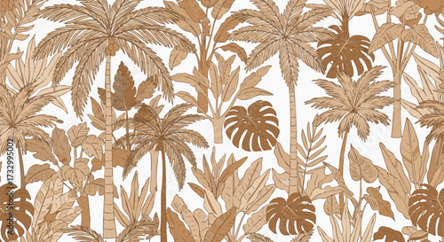 A seamless, hand-drawn tropical jungle pattern featuring dense palm trees, banana plants, and monstera leaves in sepia and beige tones