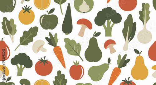 Vibrant, seamless pattern featuring a cute, flat design assortment of fresh fruits and vegetables against a white background