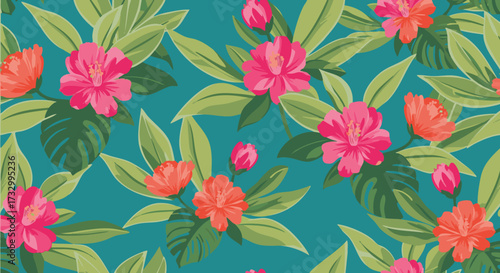 Vibrant floral pattern with pink and red flowers, and green leaves on a turquoise background