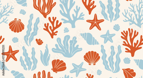 Vibrant seamless pattern featuring stylized coral, starfish, seashells, and seaweed in cheerful red-orange and light blue hues on a cream background