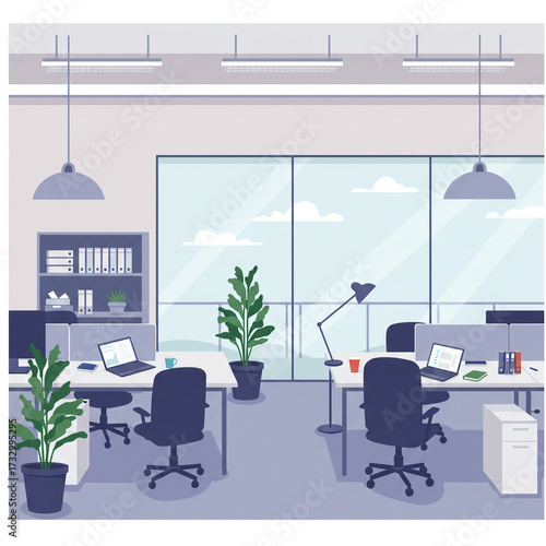 Vector Illustration of Modern Office Interior with Desks, Laptops, and Plants