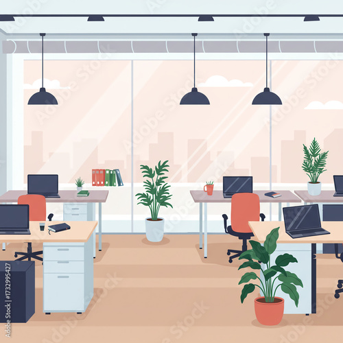 Vector Illustration of Modern Office Interior with Desks, Laptops, and Plants