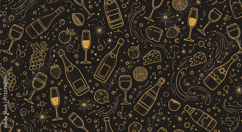 A festive seamless pattern featuring champagne bottles, glasses, grapes, strawberries, citrus slices, and cheese on a dark background with celebratory sparks