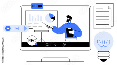 Man presenting analytics on a screen with diagrams, recording in progress, and creative tools. Ideal for online learning, webinars, virtual meetings, tutorials, business training, remote work
