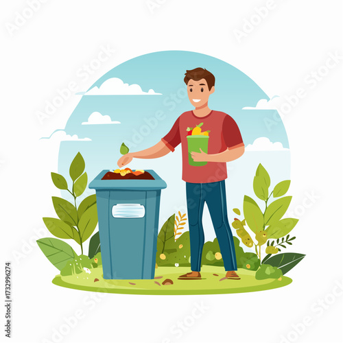 A man adds food scraps to a compost bin in a lush garden. Bright, cheerful illustration depicts sustainable gardening and eco-friendly practices.