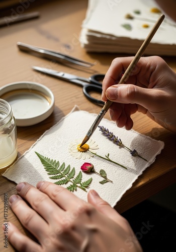 Creating beautiful pressed flower art with delicate petals and vibrant colors during a sunny afternoon at a cozy crafting table