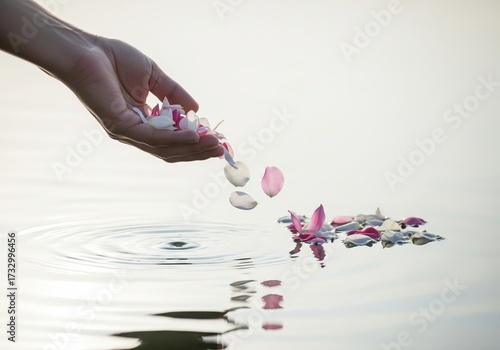 Hand gently releasing flower petals into calm water during sunset