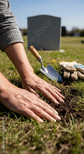 Hands working in soil at a grave site while tending to fresh grass and memories during a sunny day