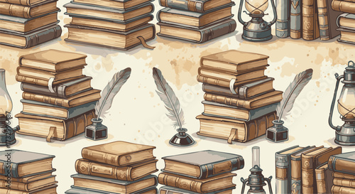 Illustration showing a seamless pattern with stacks of old books, antique lanterns and feather quills