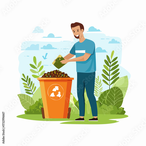 A man adds food scraps to a compost bin in a lush garden. Bright, cheerful illustration depicts sustainable gardening and eco-friendly practices.
