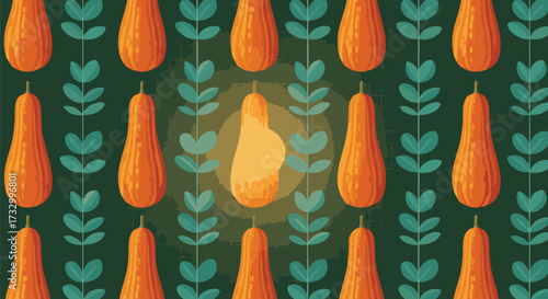 Stylized seamless pattern of orange gourds and green leaves on a dark background