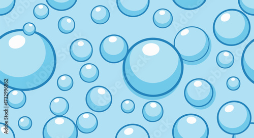 Seamless cartoon pattern of bright blue and light turquoise water bubbles or soap foam on a solid background. Great for cleaning concepts