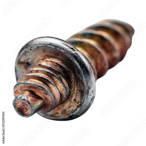 Close up macro photograph of a rusty screw against a black background