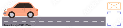 Moving car on a road heading toward an envelope with a scanning frame around it. Ideal for delivery, logistics, shipping, communication, technology, navigation, e-commerce concepts. Simple flat